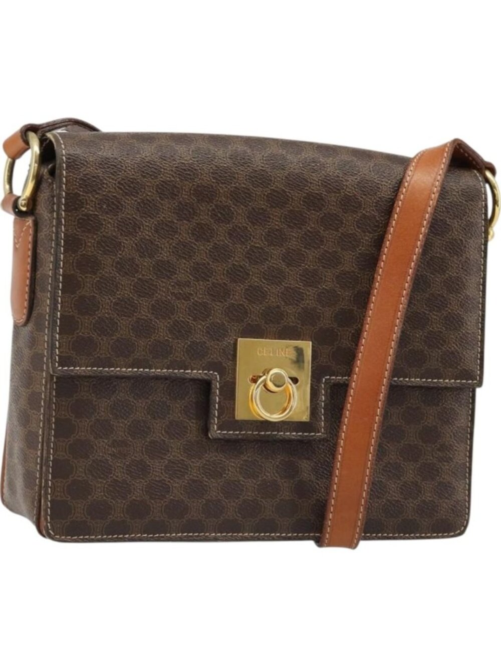 CELINE Macadam Canvas Shoulder Bag PVC Leather Brown Gold